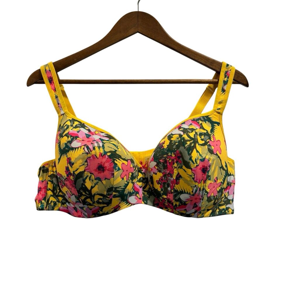 Cacique Size 44D smooth balconette yellow floral underwire bra